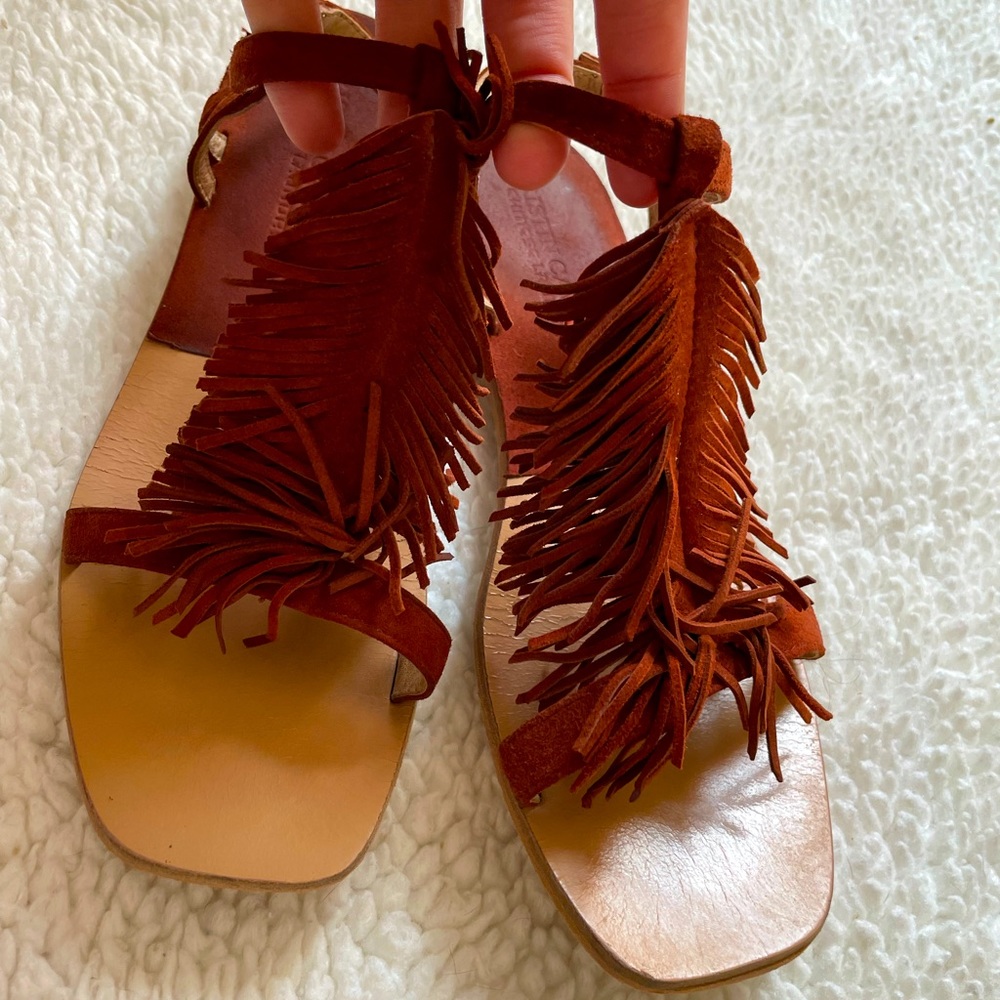 Kristin Cavallari brown leather fringe sandals